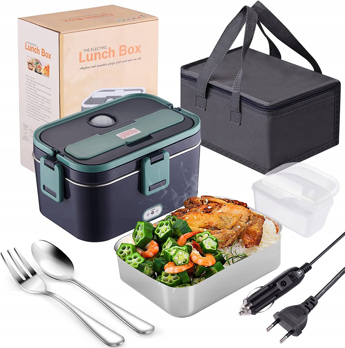 Elektrische Lunchbox - Verwarmde Bento Box - 1.8L Thermos Lunchbox - PTC Constante Temperatuur - Lekvrij - 80W - 12V/24V/220V - met Handvat & Isolatietas & Bestek - Draagbare Broodtrommel - Voor Chauffeurs & Kantoor & Bouwplaats — cadeau in Kookcadeaus - foto 3