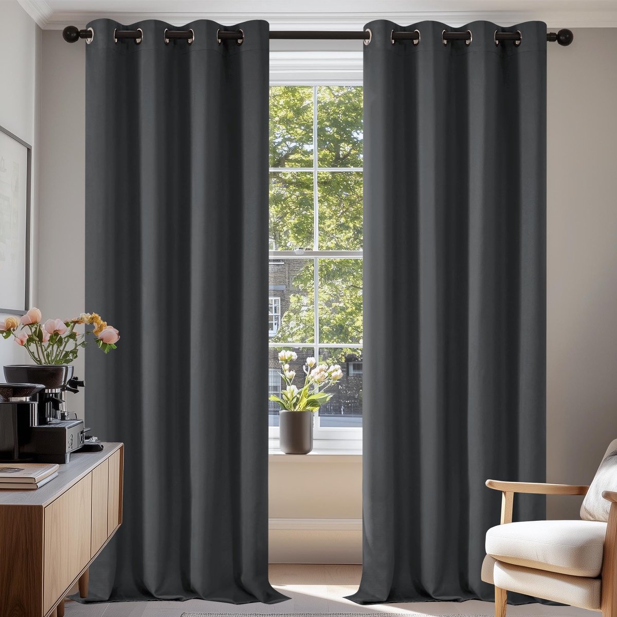 Famanu Verduisterende gordijnen met ringen, kant-en-klaar thermische gordijnen voor slaapkamer en woonkamer, donkergrijs, 140x245 cm (set van 2 stuks)
