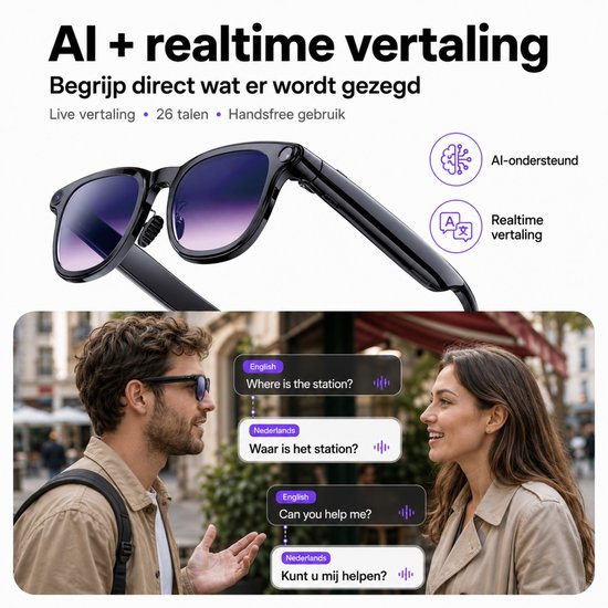 Royal Empire Smart Glasses Pro, Slimme Bril met Camera en AI Vertaling - NL App - Open-Ear Audio & Bellen - Inclusief 3 Verwisselbare Glazen - Zwart — afbeelding 2