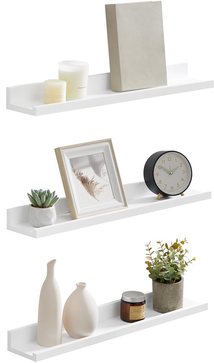Famanu Set van 3 hangende wandplanken, 60 cm lang, zwevende planken voor woonkamer, kantoor en badkamer, wit