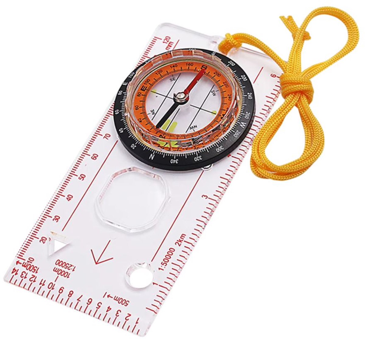 Kompas met liniaal - Kaartkompas - Kaarthoekmeter - Multitool - Plaatkompas - Kaartlezen - Met vergrootglas en koord - Map compass - Survival - Scouting - Transparant - 13x6 cm - Jonyx