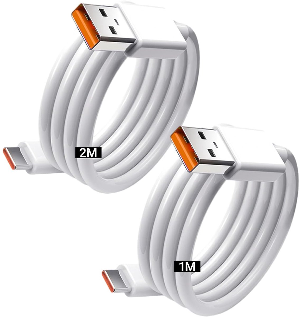 Pack of 2 USB-A to USB-C Cable, 1m + 2 m, 120W 6A Hypercharge Fast Charging Cable, Compatible with Xiaomi Redmi Note - ShopVlot