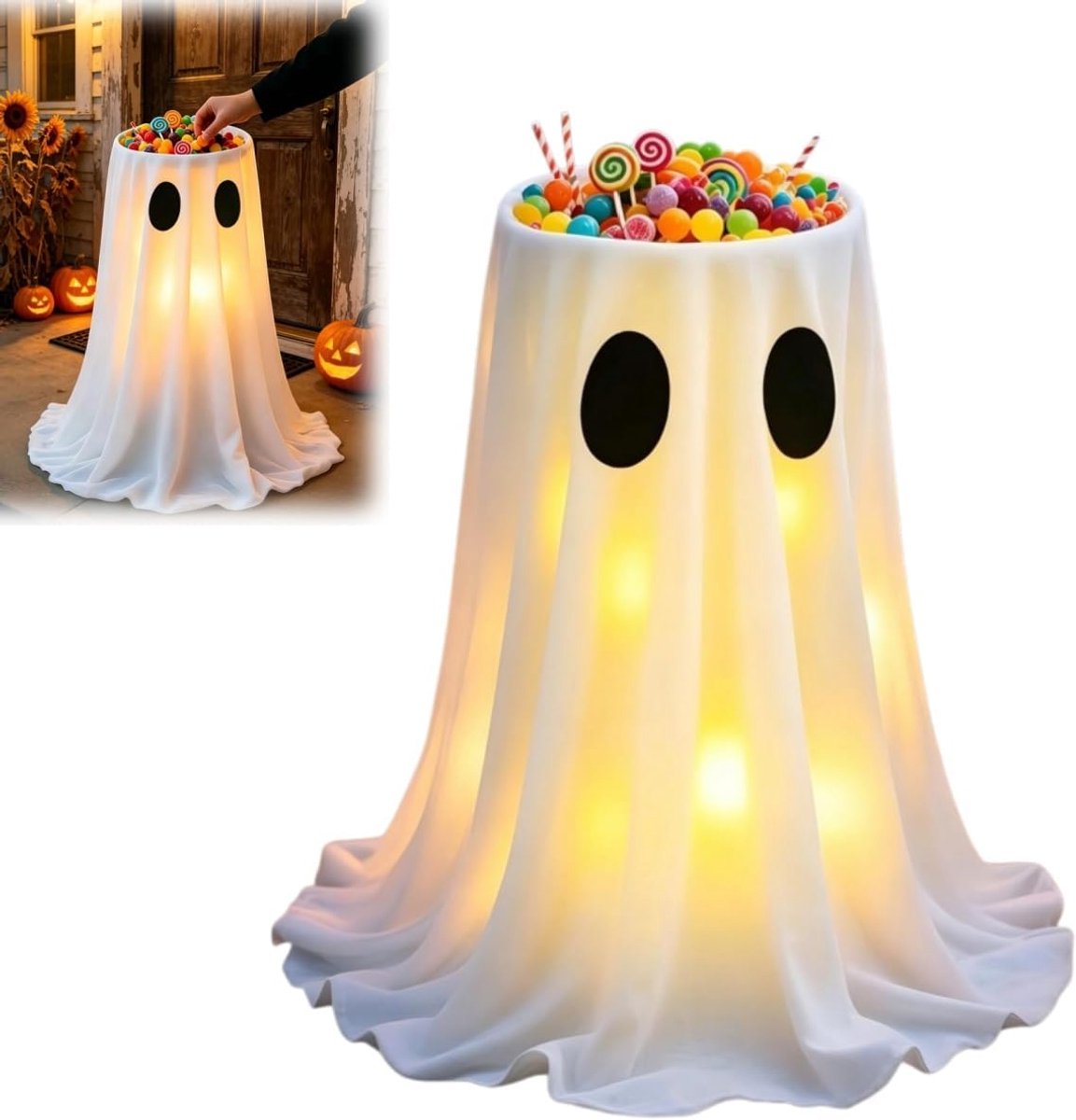 Verlichte spook-snoepschaal voor op de vloer – met afstandsbediening – verlichte presentatie voor traktaties – schattig spookontwerp – snoepemmer met warme ledverlichting – geschikt voor veranda of terras