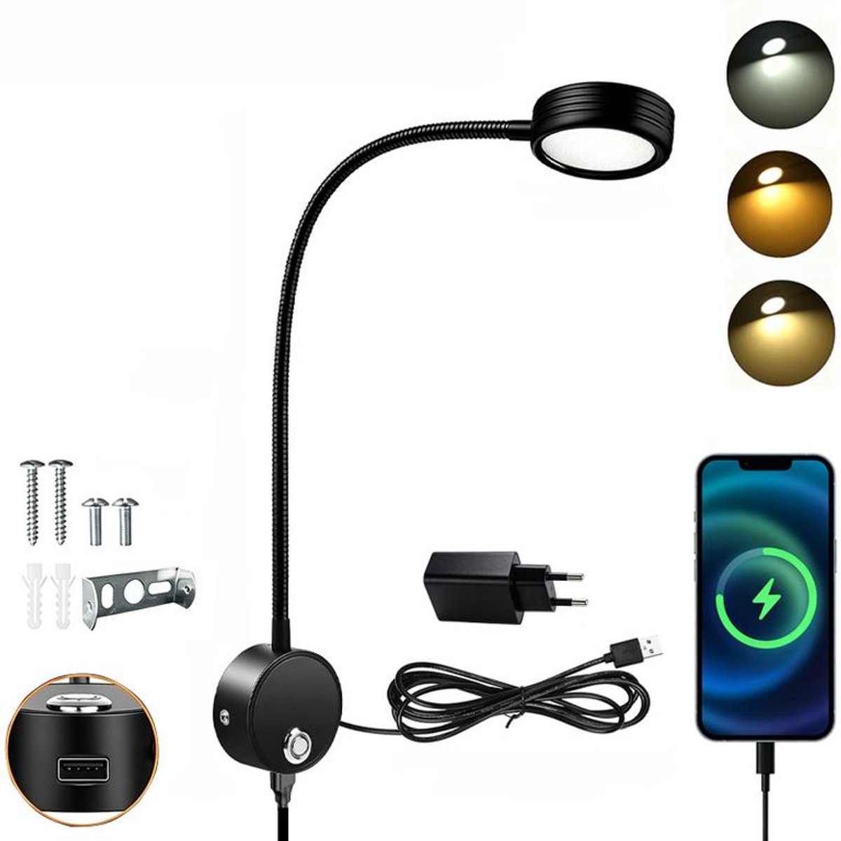 KZQ Flexibele lamp met zwanenhals - Wandlamp om te lezen - LED-nachtlampje - Nachtlamp - Inclusief adapter - Instelbare kleurtemperatuur - 3000K/4000K/6000K - 3W nachtlampje - 360° draaibare zwanenhals - Met USB-oplaadpoort - Zwart