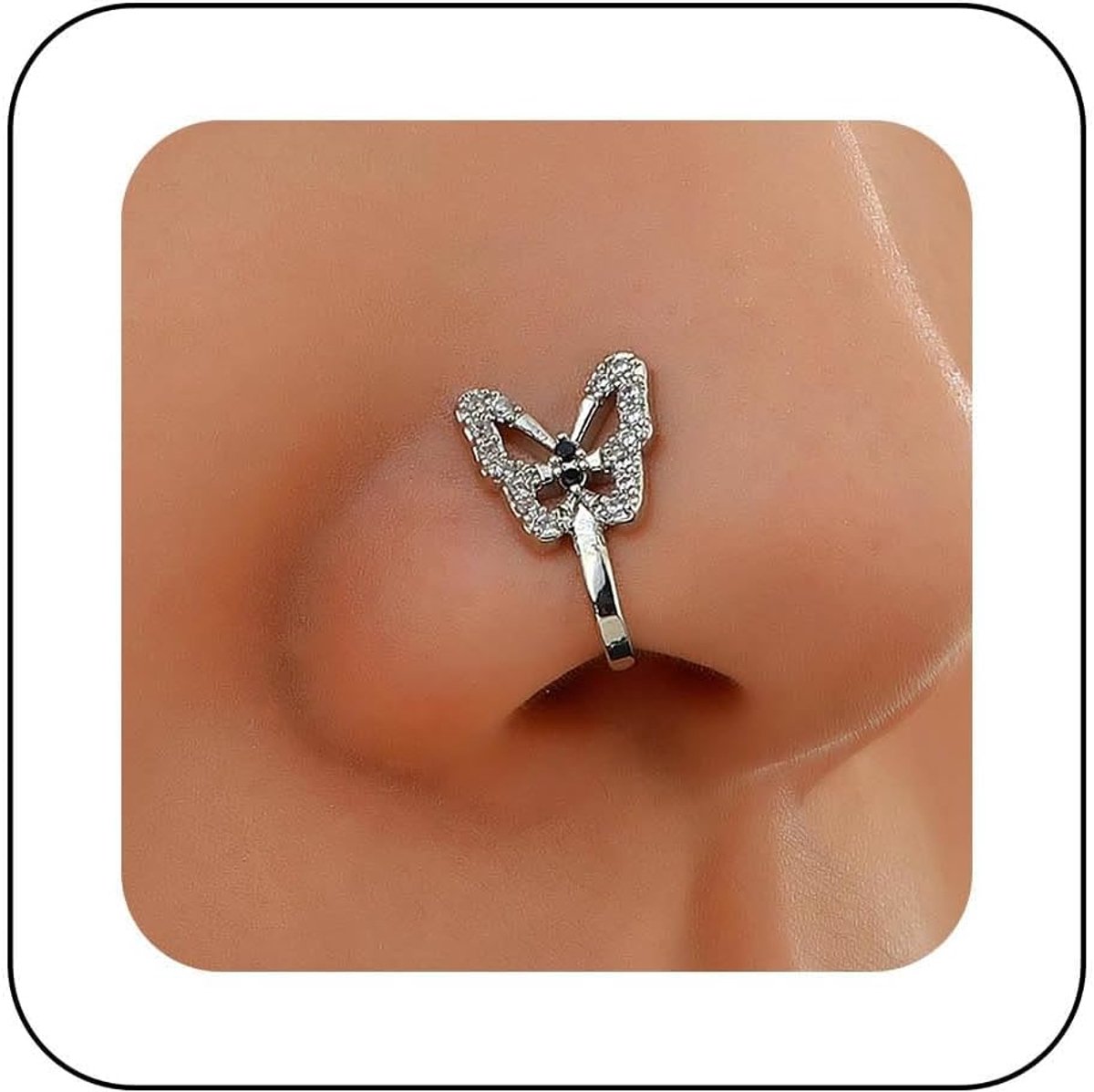 Neusring met rhinestone vlinder - zilver - U-vormige clip-on - trendy en verstelbaar - ShopVlot