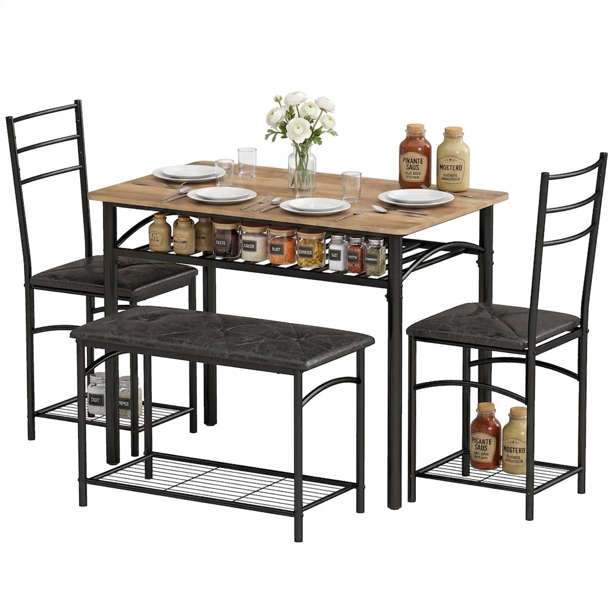 ROLIPO Eetkamerset 4-Delig – Industriële Eettafel met 2 Stoelen en Bank – Voor 4 Personen – Gewatteerde PU-Leren Zittingen – Bruin