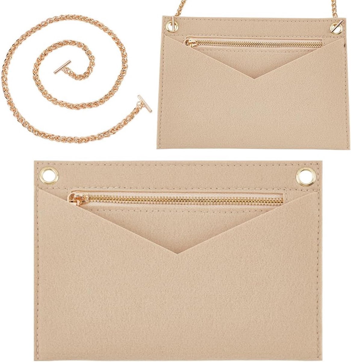 Handtas Organizer Insert Set - Vilt - Inclusief gouden ketting - Transformeer je tas naar schoudertas - ShopVlot