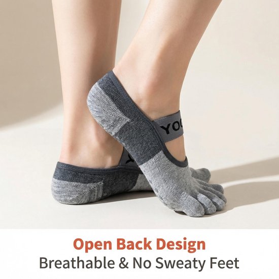 3 Paar Yogasokken - Sportsokken - Teensokken - Antislipsokken - Vloersokken - Pilates Sokken - Geschikt voor Yoga, Ballet, Dans en Barre Training - Grijs — afbeelding 3