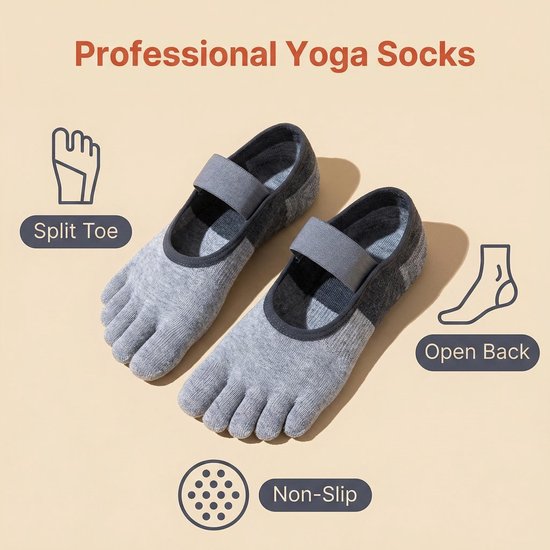 3 Paar Yogasokken - Sportsokken - Teensokken - Antislipsokken - Vloersokken - Pilates Sokken - Geschikt voor Yoga, Ballet, Dans en Barre Training - Grijs — afbeelding 2