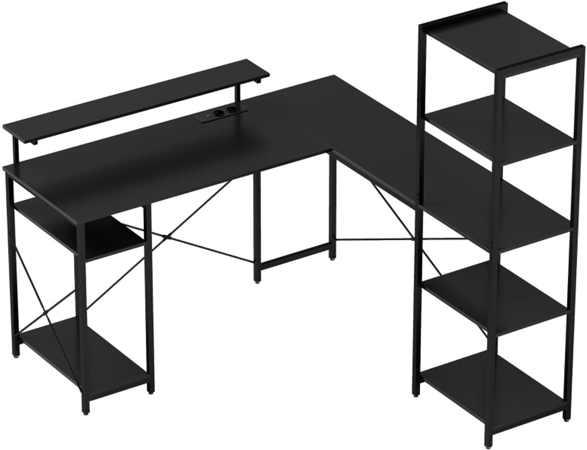 L-vormig Bureau 137 x 140 x 139,5 cm, Zwart, Hoekbureau met Oplaadstation, Monitorstandaard, 2-laags en 5-laags Legplanken, Computerbureau, Schrijftafel, Werktafel voor Homeoffice, Kantoor en Studiekamer, Ruimtebesparend