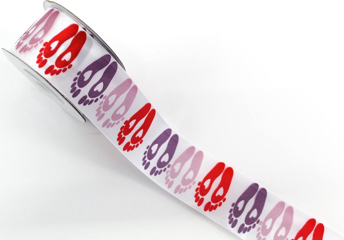 10m Satin Ribbon 40mm Foot Motif Ribbon Baby Feet Baby Christening Birth Pink-Red - ShopVlot