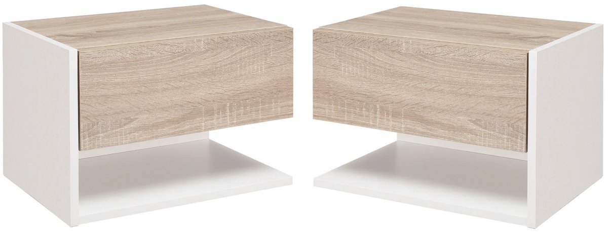 G&G zwevend nachtkastje - Set van 2 - Ladekast - Wandkast - Opbergkast - Slaapkamer - 46x30x30cm - 1 plank - Eikenlook - Wit
