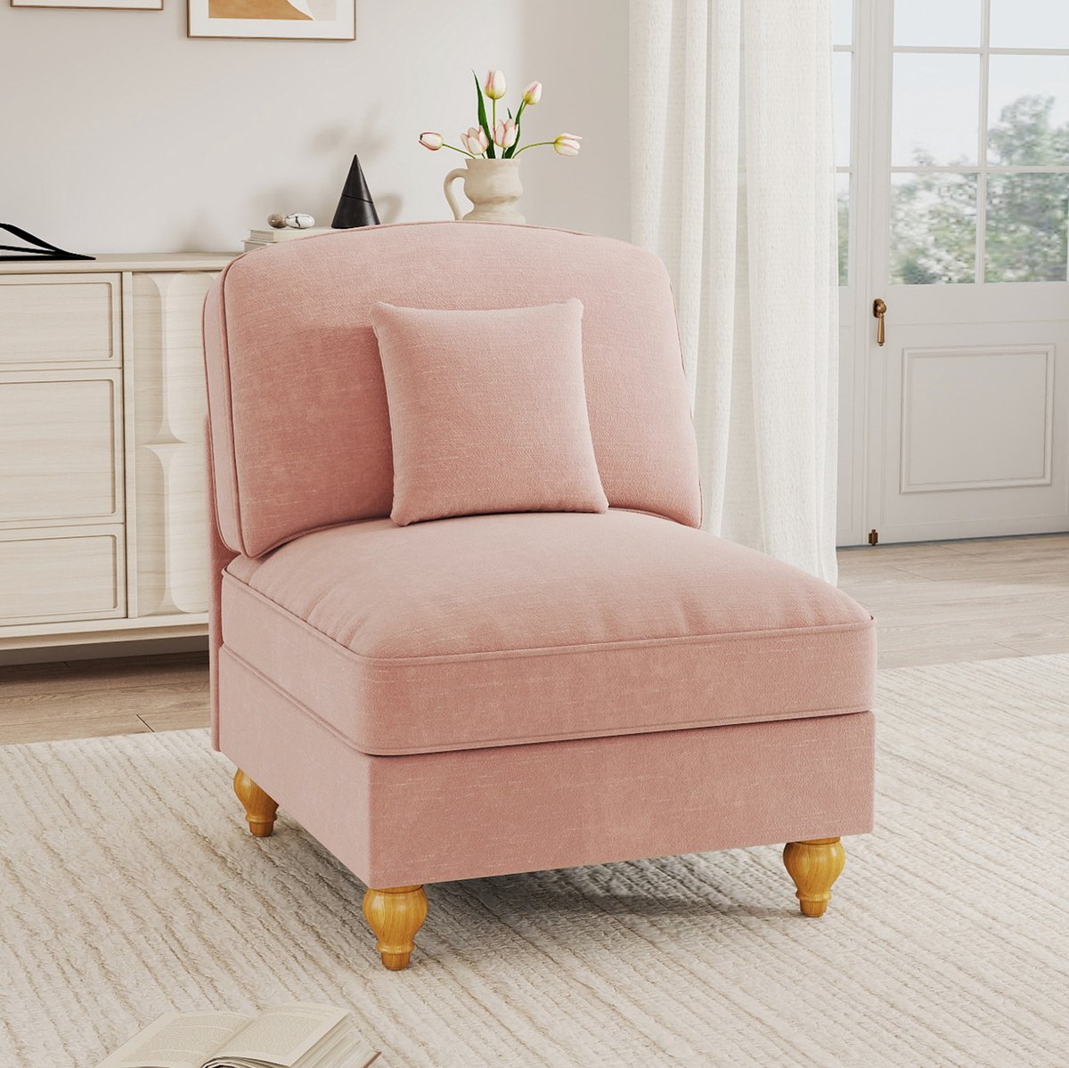 Bankje Zonder Armleuningen - Chenille 1-Zits Met Kussen En Afneembare Franjes - Voor Woonkamer En Kleine Ruimtes - Roze