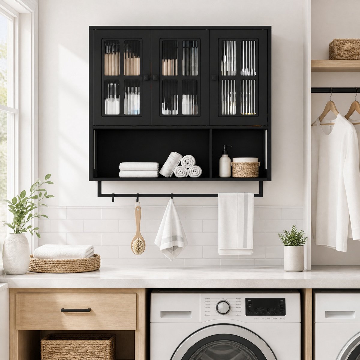 HAUSS SPOLE Wandkast - 3 Deuren Met Open Vak En Handdoekstang - Voor Badkamer En Hal - MDF En Gehard Glas - 88x26x82,5 Cm - Zwart