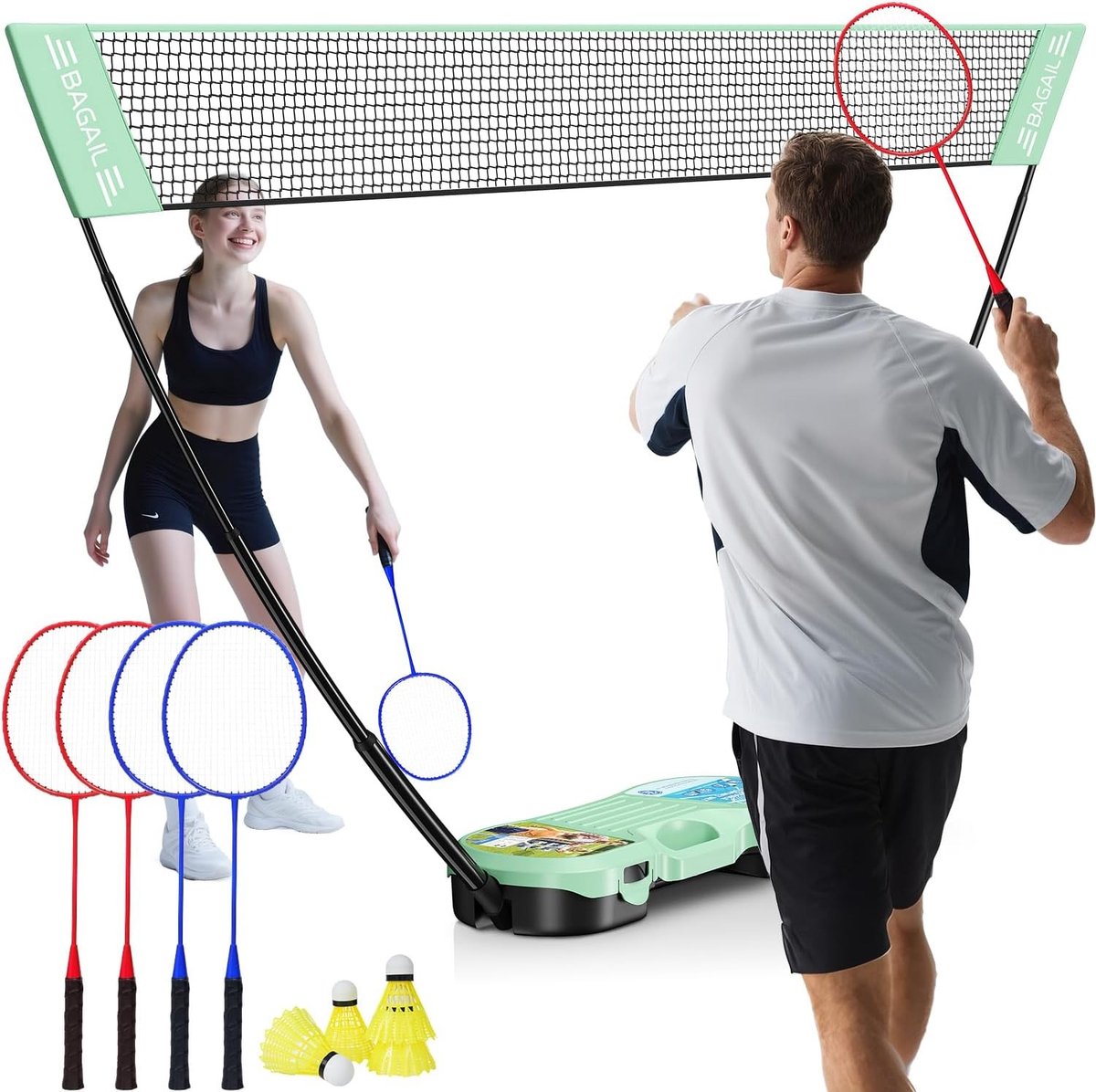 Tafeltennisnetje voor elke tafel - Zwart - Inclusief 4 Rackets en 4 Shuttles - Draagbare Badmintonnetset met Vrijstaande Basis - Voor Binnen en Buiten