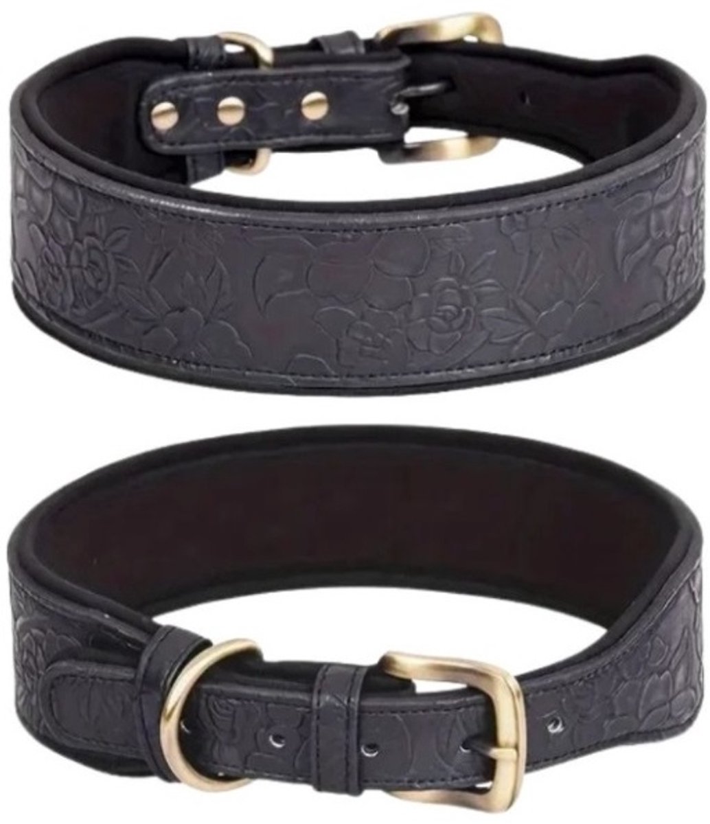 Honden halsband Leer - Luxe Honden Halsband Leer - Zwart maat XL - Zwarte halsband hond leer - Petshop Seven