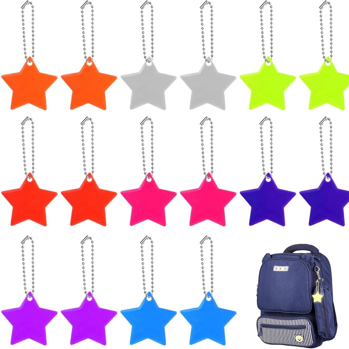 Kaiyaya - 24 stuks reflecterende ster hangers - veiligheidsreflectoren voor kinderen - met ketting - voor rugzak, jas en kleding - verhoogt zichtbaarheid in het donker