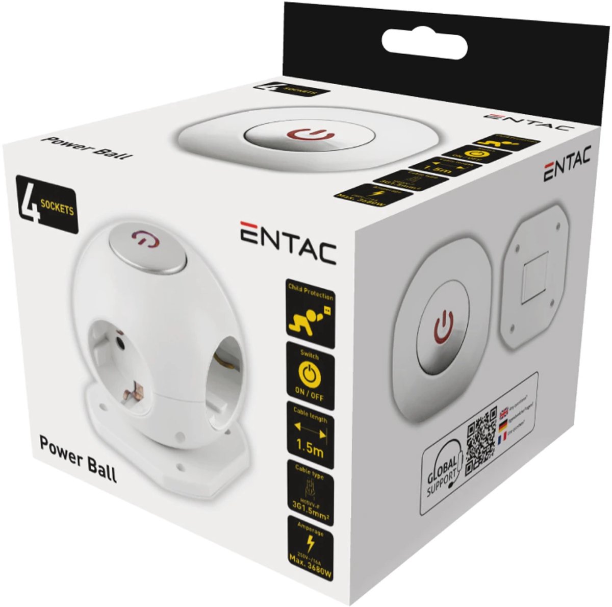 Entac verlengsnoer - Power Ball - Stekkerdoos - 4 Randaarde Stopcontacten - Schakelaar - 1.5m snoer 3x1.5mm2