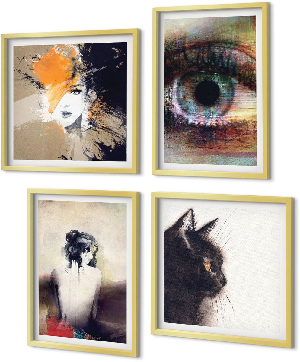 Coloray 4-Delige Schilderij Set - Portret van een vrouwenoog Abstracte kleuren Emoties - 40 x 40 cm en 40 x 60 cm - Muurdecoratie - Decoratieve Schilderijen - Wohnzimmer - Interieur Decoratie