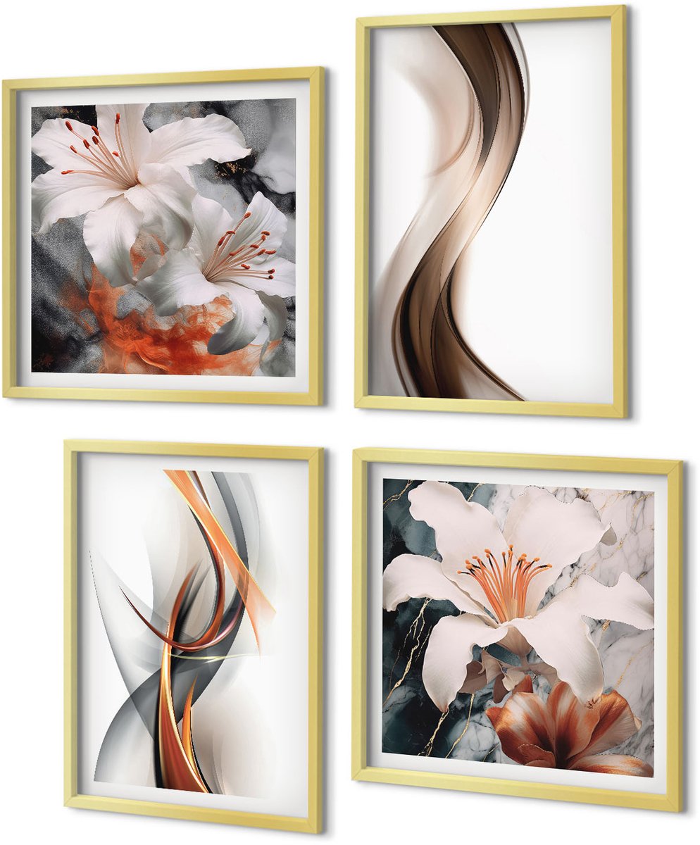Coloray 4-Delige Schilderij Set - Golven in tinten geel, grijs en bruin. - 40 x 40 cm en 40 x 60 cm - Wanddecoratie - Schilderijen Set - Interieur - Woonkamer Decoratie