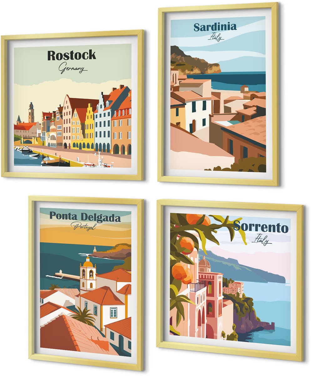 Coloray 4-Delige Schilderij Set - Uitzichten op Europese kust- en havensteden - 40 x 40 cm en 40 x 60 cm - Stijlvolle Muurdecoratie - Kantoor - Interieur Decoratie