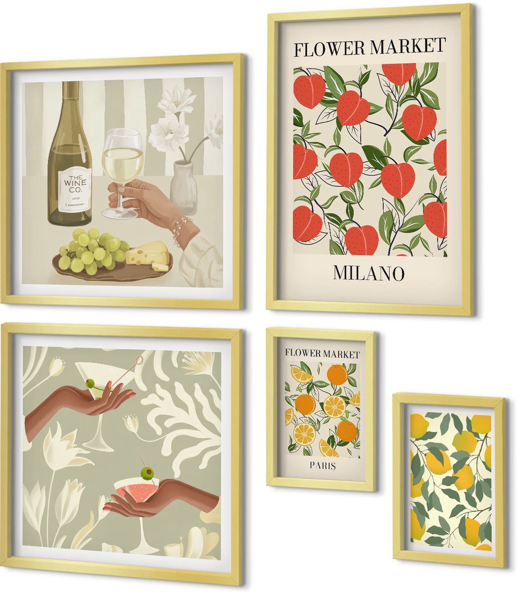 Coloray 5-Delige Schilderij Set - Vintage Fruit- En Bloemenbeurzen Uit Europese Steden - 50 x 50 cm, 20 x 30 cm En 40 x 60 cm - Moderne Wanddecoratie - Slaapkamer - Stijlvolle Muurdecoratie