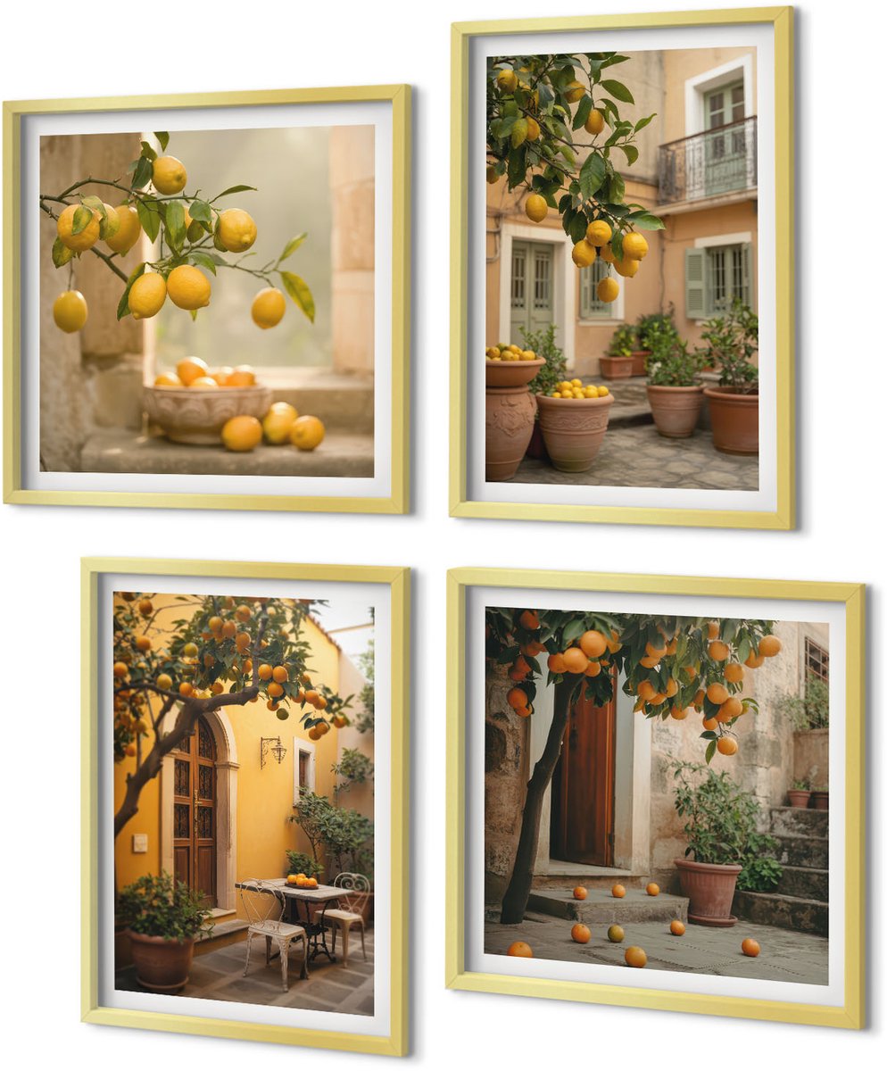Coloray 4-Delige Schilderij Set - Tuin met citrusbomen op een zonnige locatie - 40 x 40 cm en 40 x 60 cm - Wanddecoratie - Muurdecoratie - Woonkamer - Interieur Decoratie