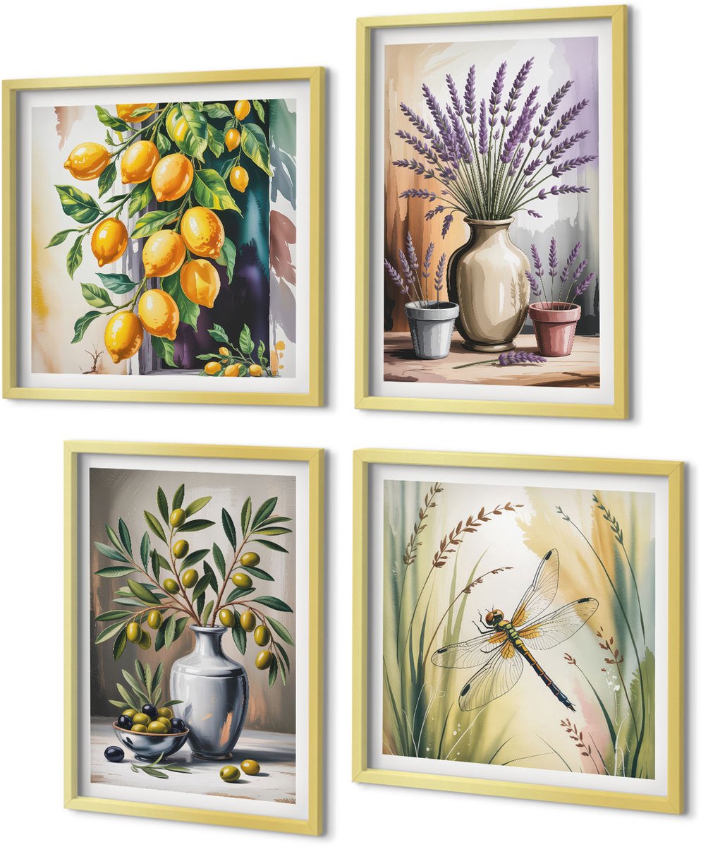 Coloray 4-Delige Schilderij Set - Bloemen en olijven in vazen ​​Citroenen Natuur - 40 x 40 cm en 40 x 60 cm - Wanddecoratie - Woonkamer Decoratie - Interieur Decoratie