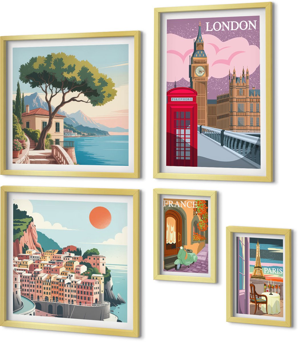 Coloray 5-Delige Schilderij Set - Europese Steden: Iconen Van Cultuur En Architectuur - 50 x 50 cm, 20 x 30 cm En 40 x 60 cm - Muurdecoratie - Wanddecoratie - Slaapkamer - Moderne Wanddecoratie Gouden lijst
