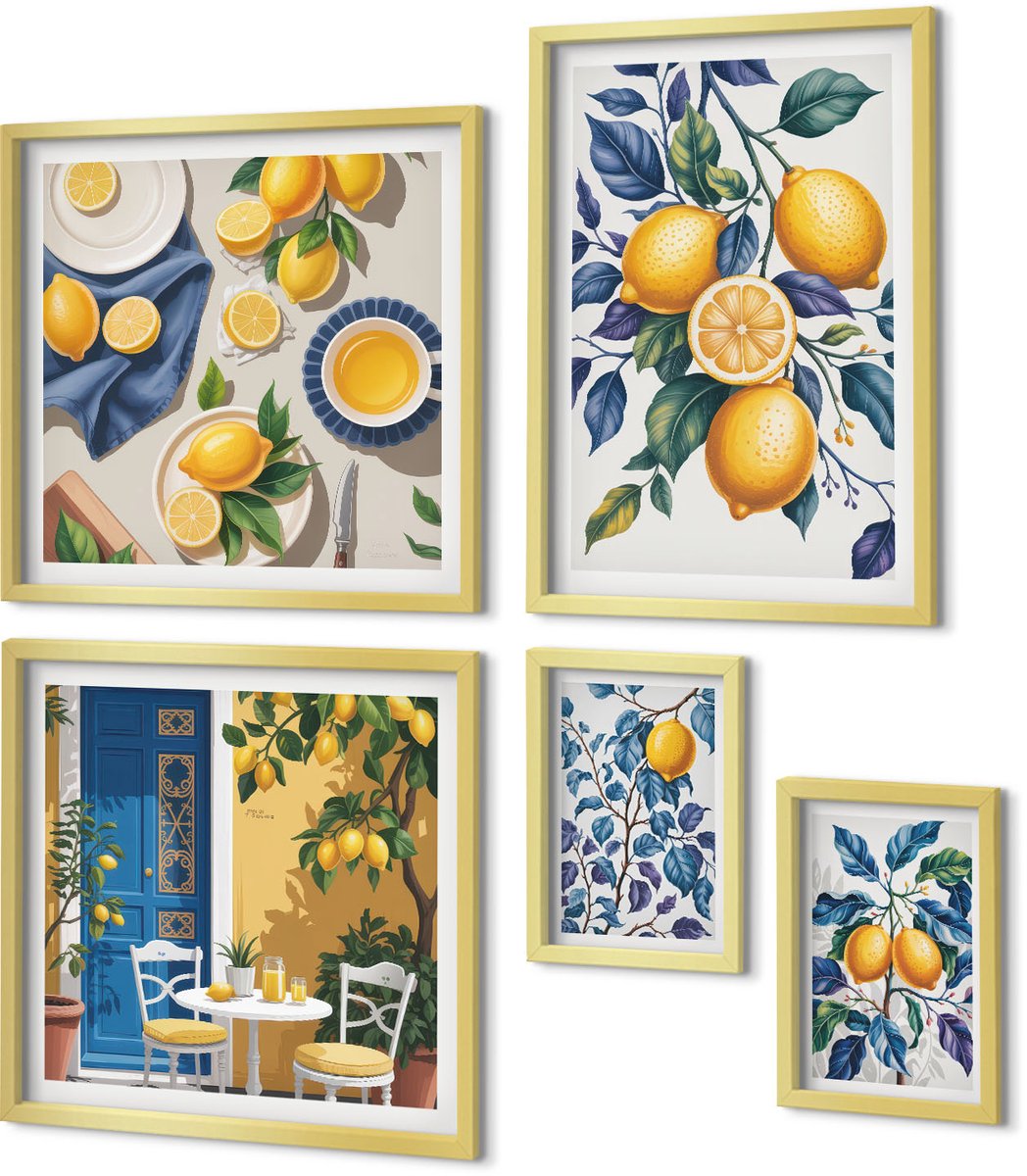 Coloray 5-Delige Schilderij Set - Citrusinspiratie In Provençaalse Stijl Voor De Keuken - 50 x 50 cm, 20 x 30 cm En 40 x 60 cm - Decoratieve Muurdecoratie - Slaapkamer - Moderne Wanddecoratie