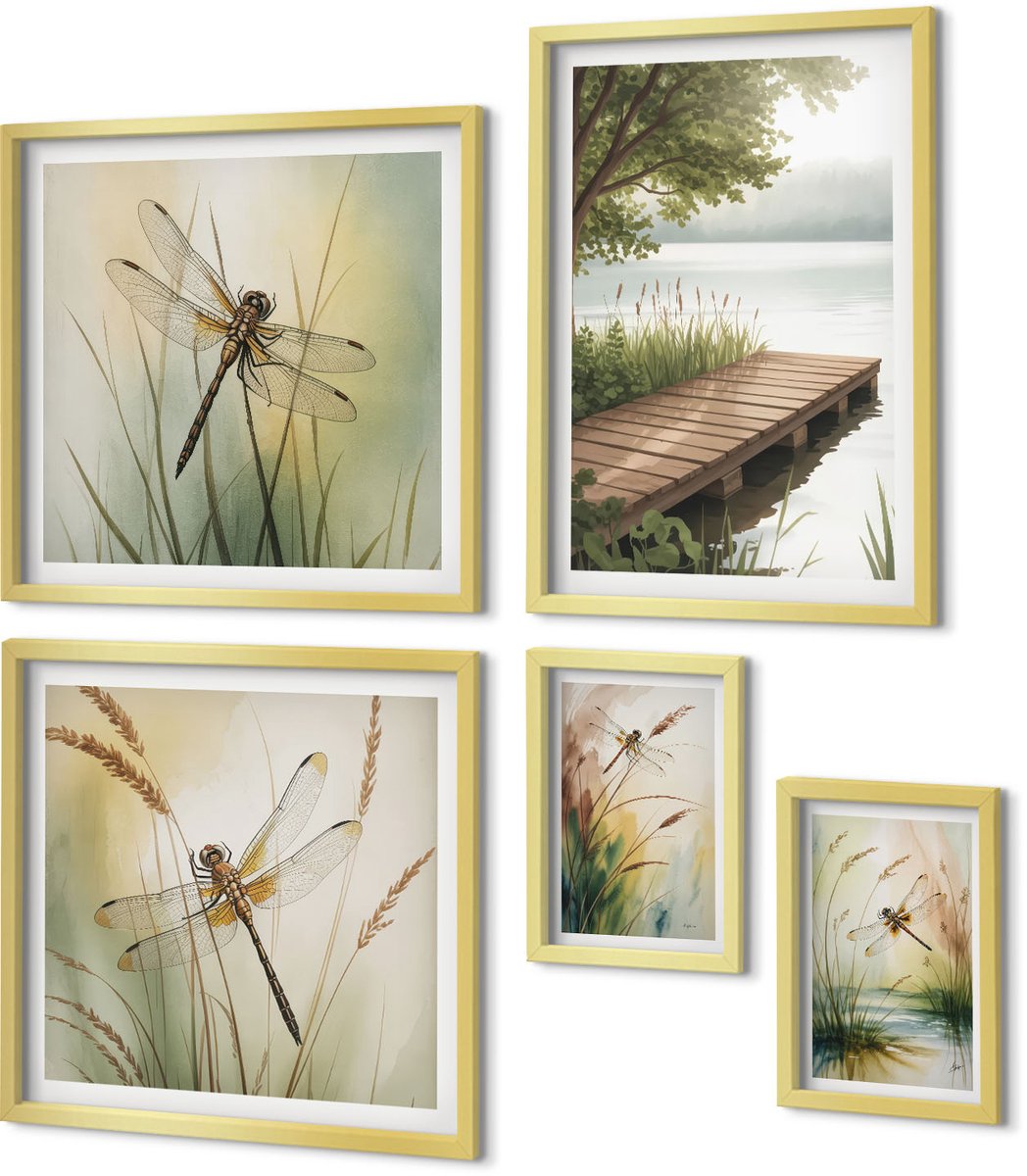 Coloray 5-Delige Schilderij Set - Vredige Landschappen Met Libellen Op Het Water En De Oever. - 50 x 50 cm, 20 x 30 cm En 40 x 60 cm - Wanddecoratie - Schilderijen Set - Interieur - Woonkamer Decoratie