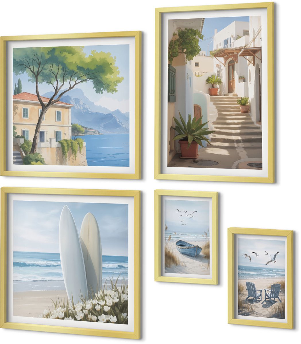 Coloray 5-Delige Schilderij Set - Stijlvol Uitzicht Op Zee Met Stranden En Landschappen. - 50 x 50 cm, 20 x 30 cm En 40 x 60 cm - Wanddecoratie - Muurdecoratie - Woonkamer
