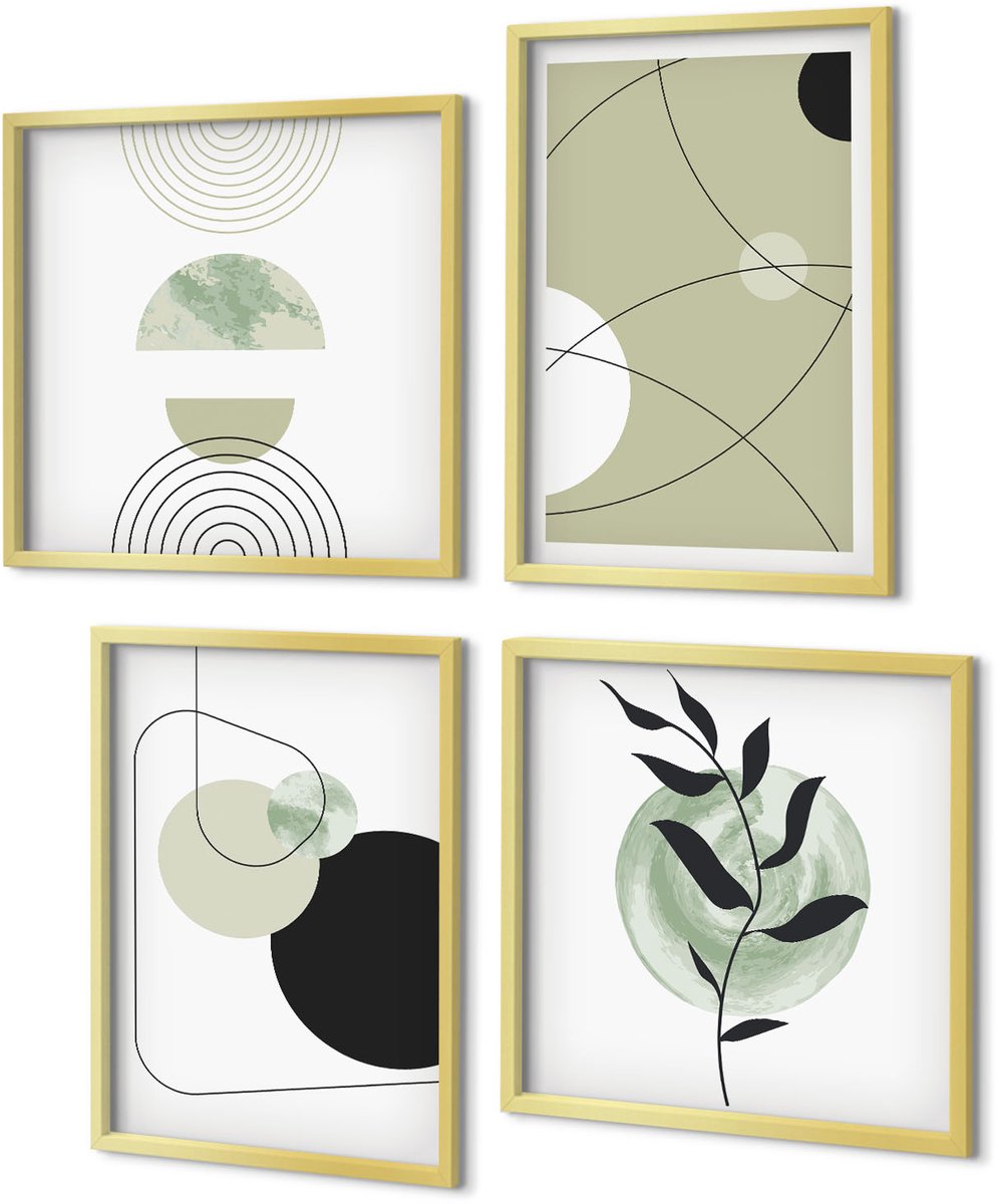 Coloray 4-Delige Schilderij Set - Abstracte vormen in ingetogen kleuren - 40 x 40 cm en 40 x 60 cm - Moderne Wanddecoratie - Woonkamer