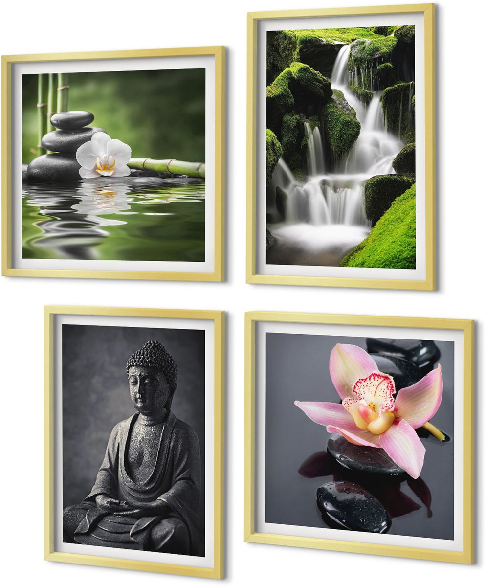 Coloray 4-Delige Schilderij Set - Rustgevende zen-afbeeldingen met water, stenen en Boeddha - 40 x 40 cm en 40 x 60 cm - Wanddecoratie - Woonkamer Decoratie
