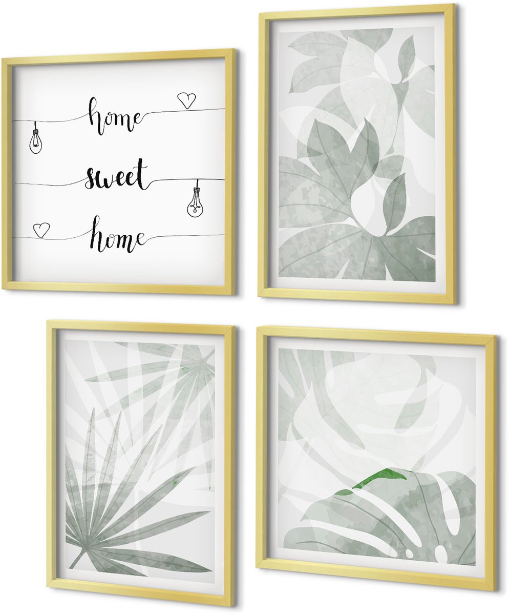Coloray 4-Delige Schilderij Set - Plantenbladeren in groene en grijze tinten. - 40 x 40 cm en 40 x 60 cm - Wanddecoratie - Muurdecoratie - Moderne Interieurdecoratie - Decoratieve Schilderijen
