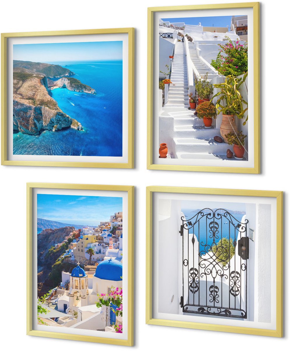 Coloray 4-Delige Schilderij Set - Uitzichten op Santorini en de Griekse architectuur van de stad Oia. - 40 x 40 cm en 40 x 60 cm - Muurdecoratie - Wanddecoratie - Slaapkamer - Decoratieve Schilderijen