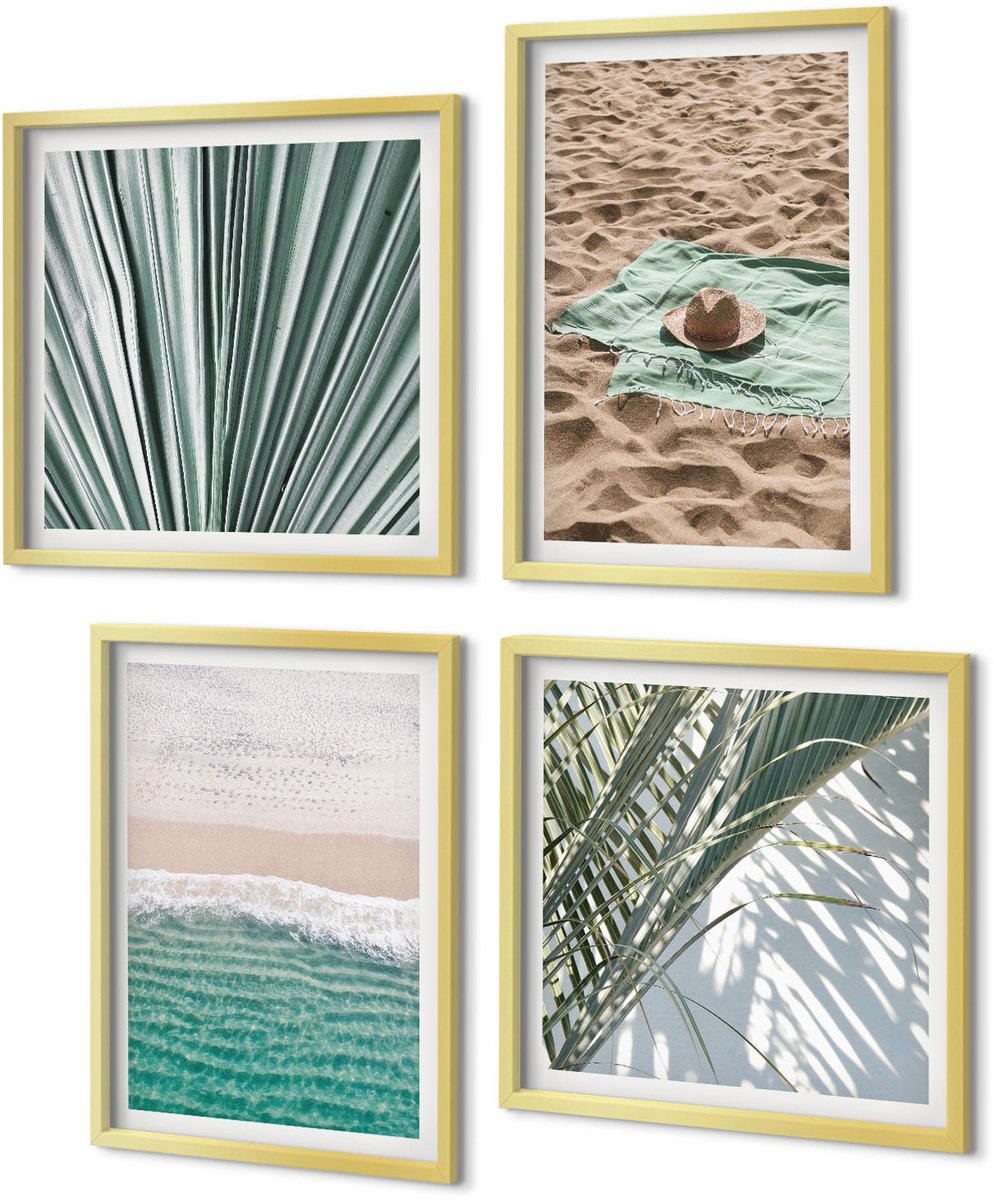 Coloray 4-Delige Schilderij Set - Uitzicht op het strand aan zee tijdens een zomervakantie - 40 x 40 cm en 40 x 60 cm - Moderne Wanddecoratie - Woonkamer