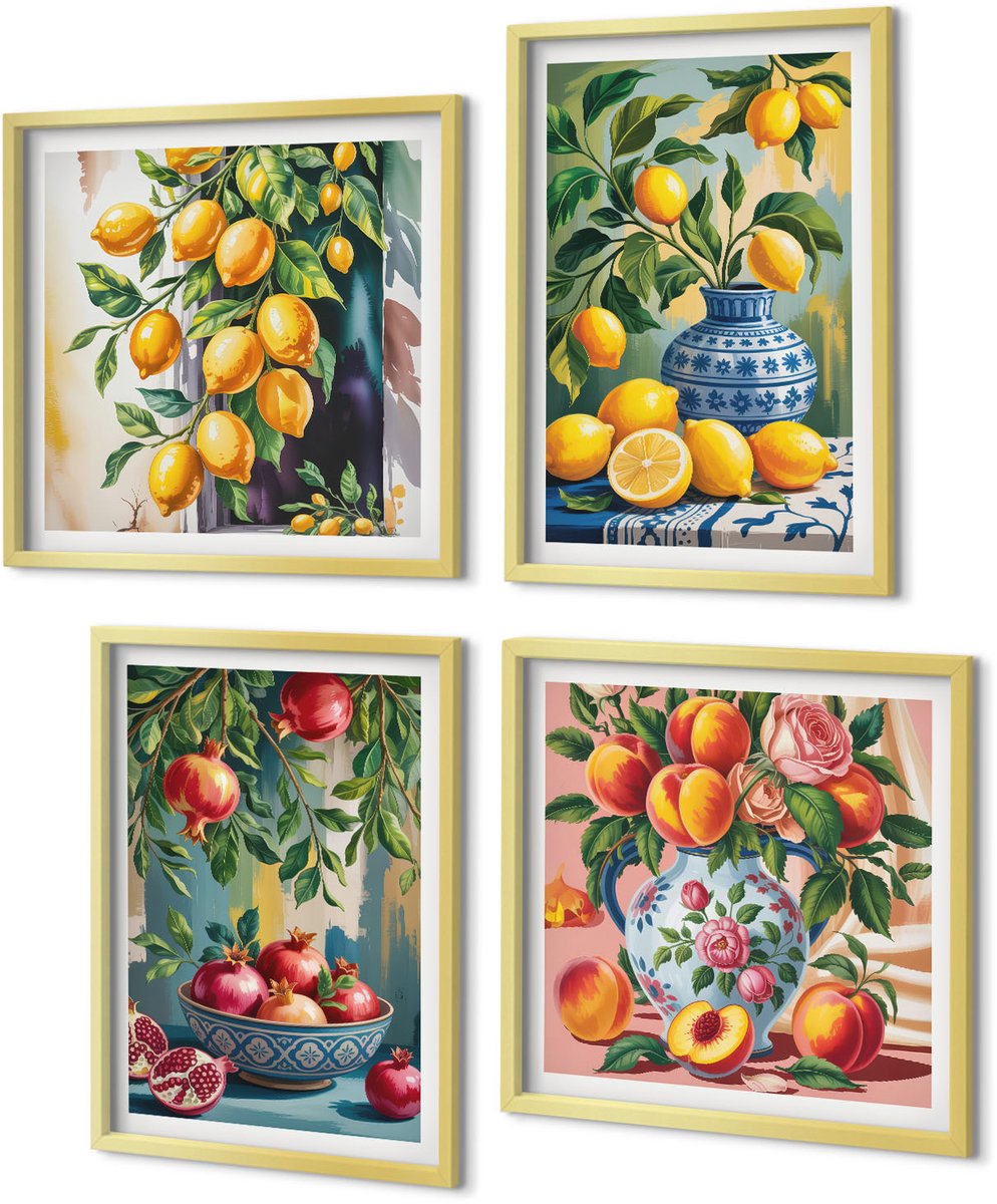 Coloray 4-Delige Schilderij Set - Fruitcomposities met granaatappels, citroenen en perziken - 40 x 40 cm en 40 x 60 cm - Decoratieve Muurdecoratie - Slaapkamer - Wanddecoratie