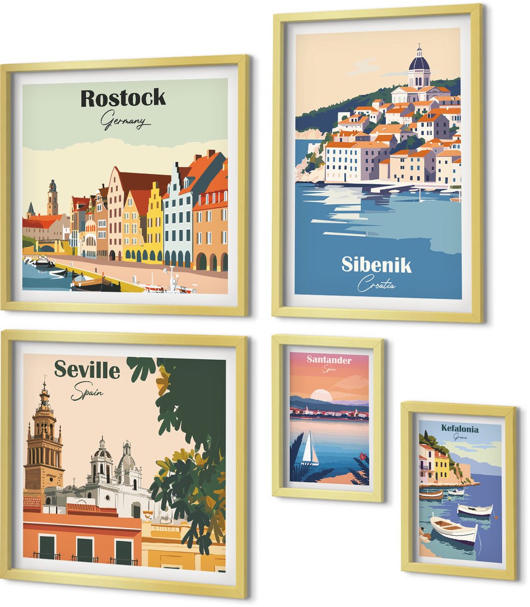 Coloray 5-Delige Schilderij Set - Landschappen Van Europese Kust- En Havensteden - 50 x 50 cm, 20 x 30 cm En 40 x 60 cm - Muurdecoratie - Interieur Decoratie