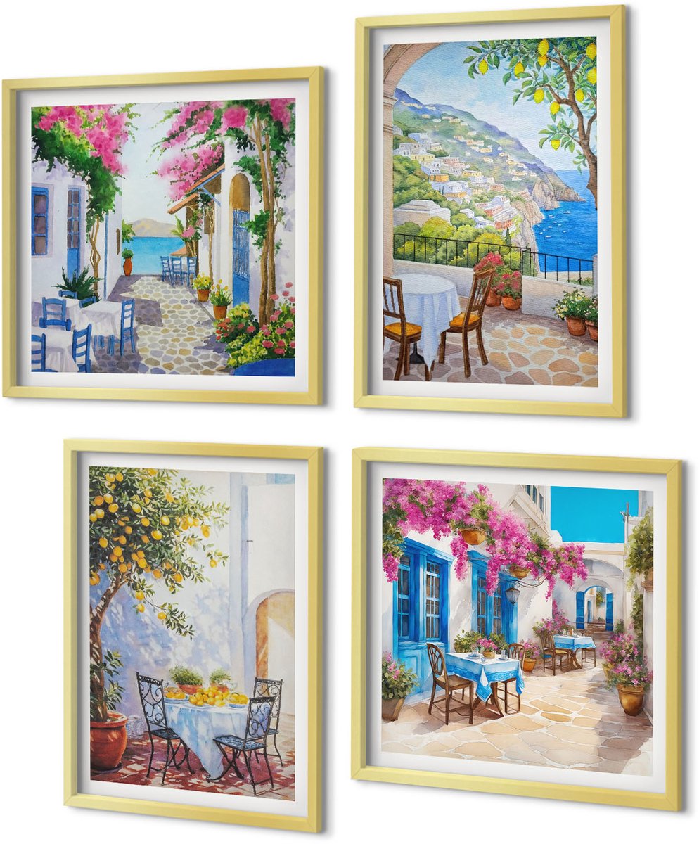 Coloray 4-Delige Schilderij Set - Sfeervolle straatjes met bloeiende planten en uitzicht op zee. - 40 x 40 cm en 40 x 60 cm - Wanddecoratie - Schilderijen Set - Kantoor - Interieur Decoratie