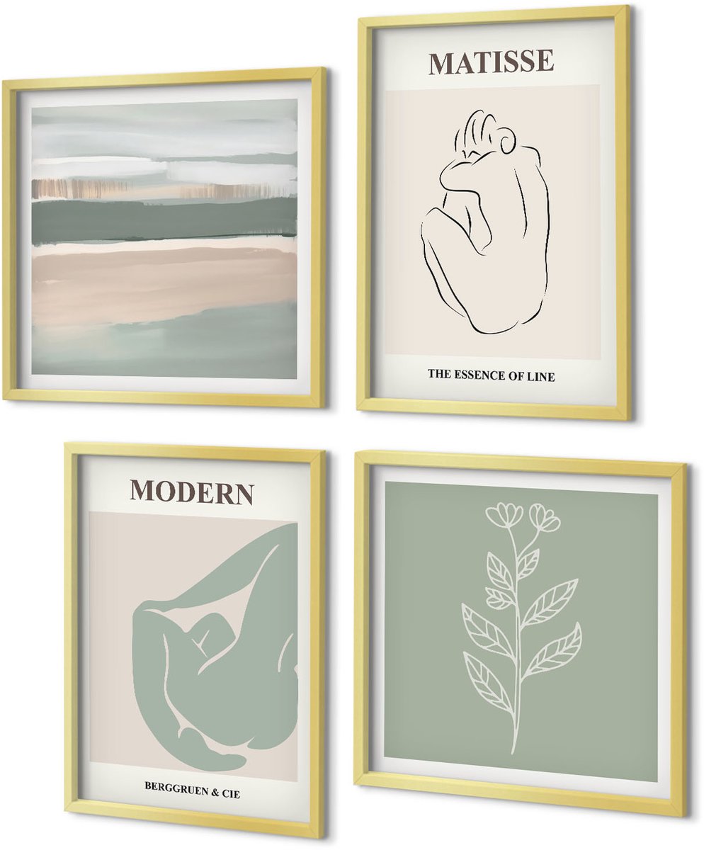 Coloray 4-Delige Schilderij Set - Abstracte vormen in pasteltinten met planten - 40 x 40 cm en 40 x 60 cm - Stijlvolle Wanddecoratie - Interieur - Moderne Wanddecoratie
