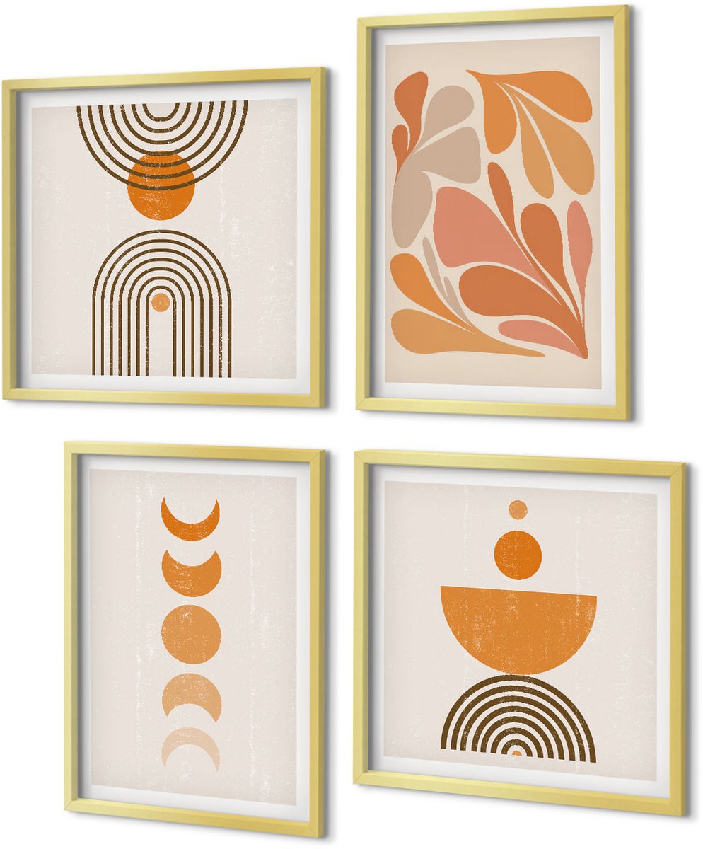 Coloray 4-Delige Schilderij Set - Abstracte vormen in oranje tinten - 40 x 40 cm en 40 x 60 cm - Muurdecoratie - Decoratieve Schilderijen - Wohnzimmer - Woonkamer Decoratie