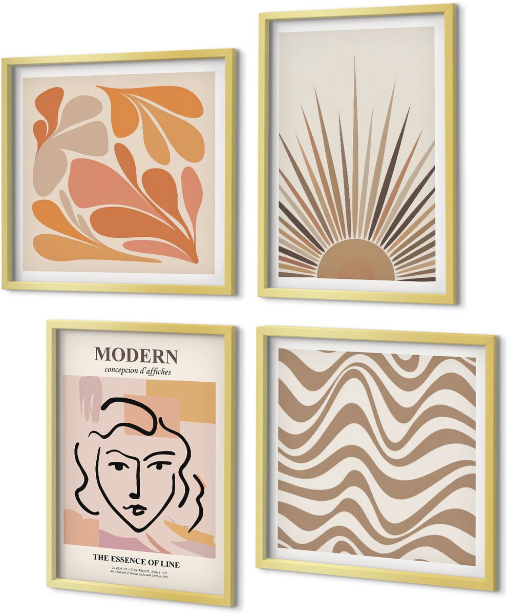 Coloray 4-Delige Schilderij Set - Zon Boho Pastel Abstracte Vormen Poster - 40 x 40 cm en 40 x 60 cm - Wanddecoratie - Muurdecoratie - Woonkamer