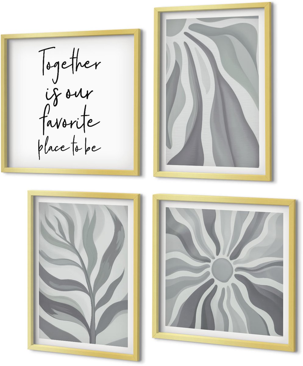 Coloray 4-Delige Schilderij Set - Bloemenpatronen in pasteltinten, illustraties en belettering. - 40 x 40 cm en 40 x 60 cm - Wanddecoratie - Muurdecoratie - Woonkamer - Woonkamer Decoratie