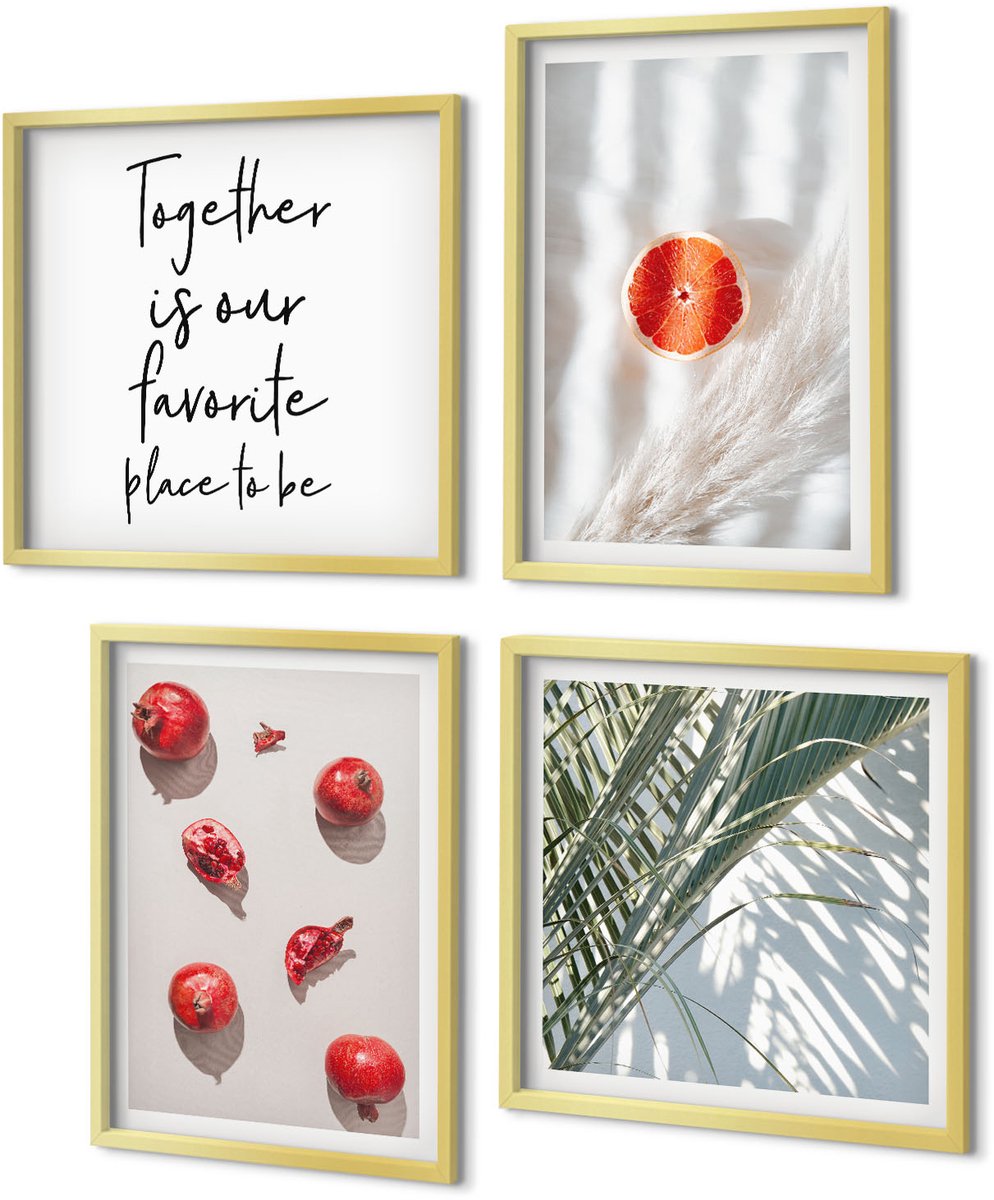 Coloray 4-Delige Schilderij Set - Vakantie tropische vruchten palmbladeren belettering - 40 x 40 cm en 40 x 60 cm - Wanddecoratie - Schilderijen Set - Interieur - Stijlvolle Muurdecoratie