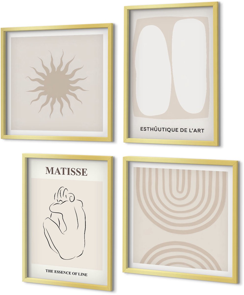Coloray 4-Delige Schilderij Set - Stijlvolle lijnen en minimalistische vormen in neutrale tinten. - 40 x 40 cm en 40 x 60 cm - Wanddecoratie - Woonkamer Decoratie