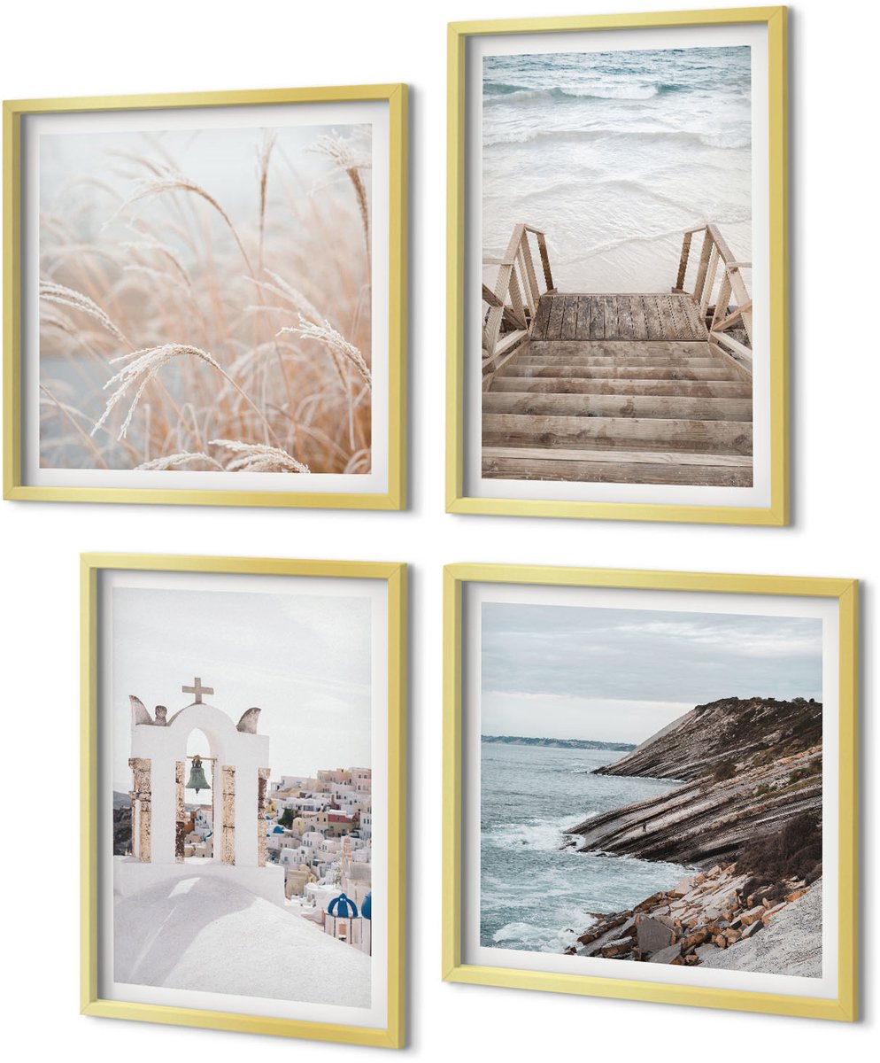 Coloray 4-Delige Schilderij Set - Uitzicht op de zee en de architectuur van Santorini tegen de hemel. - 40 x 40 cm en 40 x 60 cm - Wanddecoratie - Moderne Interieurdecoratie - Stijlvolle Muurdecoratie