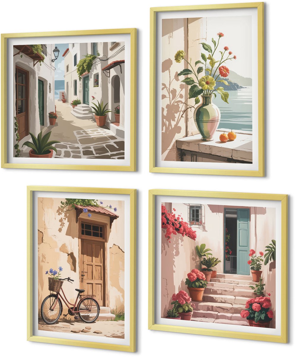 Coloray 4-Delige Schilderij Set - Geschilderde straten met bloemen en een fiets - 40 x 40 cm en 40 x 60 cm - Stijlvolle Muurdecoratie - Slaapkamer