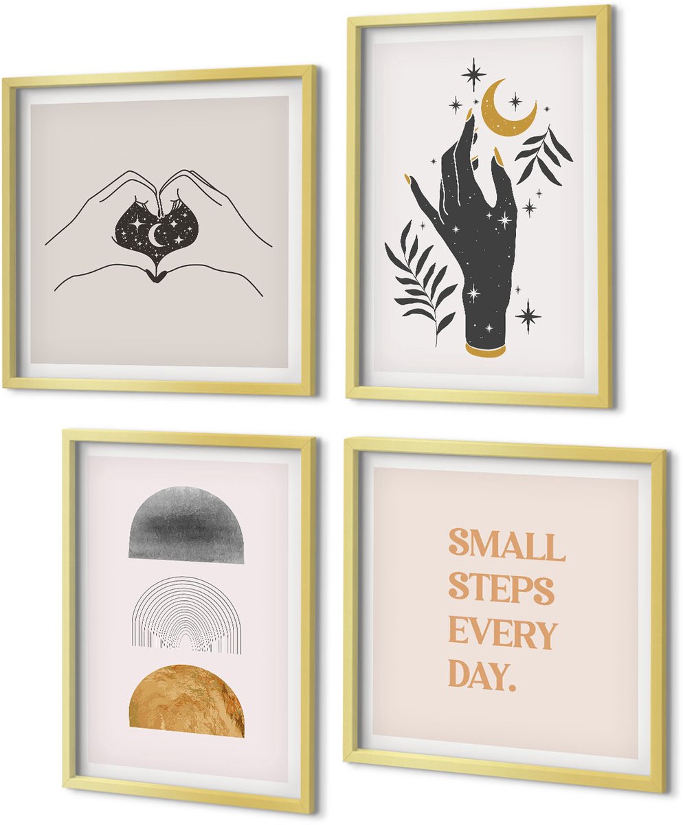 Coloray 4-Delige Schilderij Set - Minimalistische esthetiek, boho-illustraties - 40 x 40 cm en 40 x 60 cm - Decoratieve Schilderijen - Wanddecoratie - Hal - Interieur Decoratie
