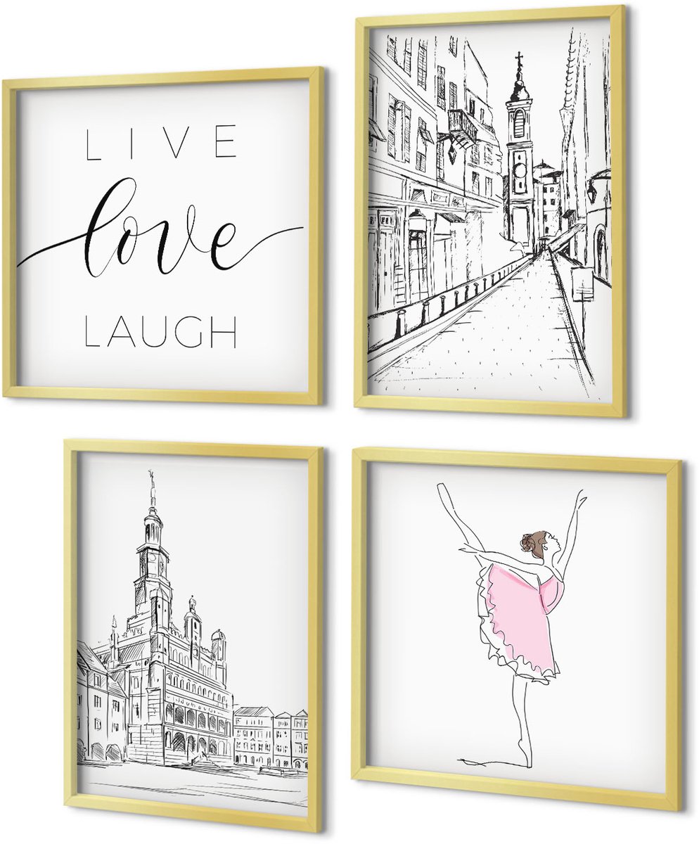 Coloray 4-Delige Schilderij Set - Stijlvolle afbeeldingen met een dansende ballerina en liefde voor architectuur. - 40 x 40 cm en 40 x 60 cm - Muurdecoratie - Wanddecoratie - Hal